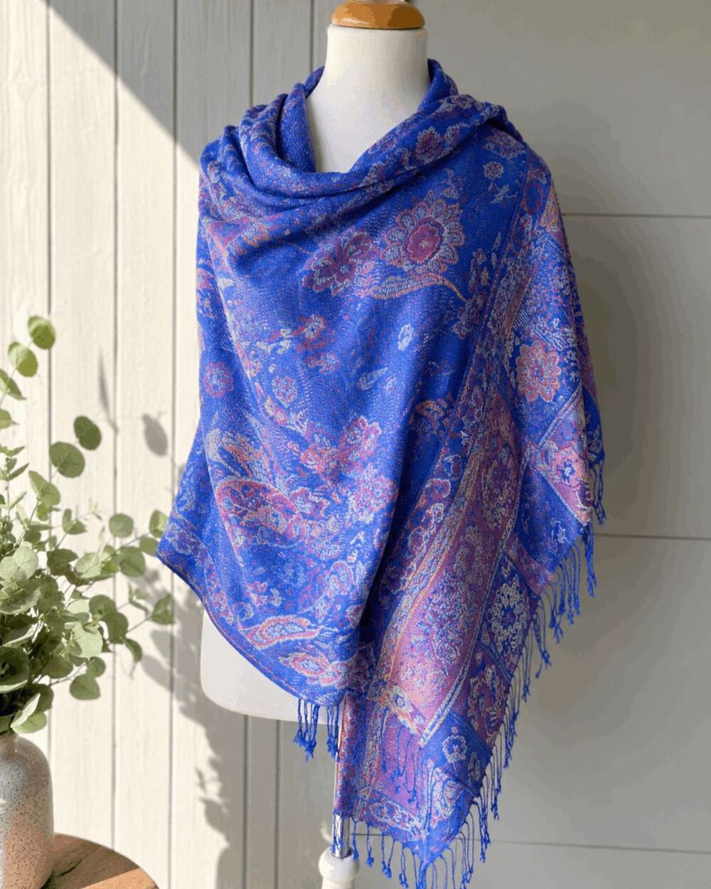 100% Cashmere Paisley Pashmina Shawl Wrap Blue Iridescent Fringe